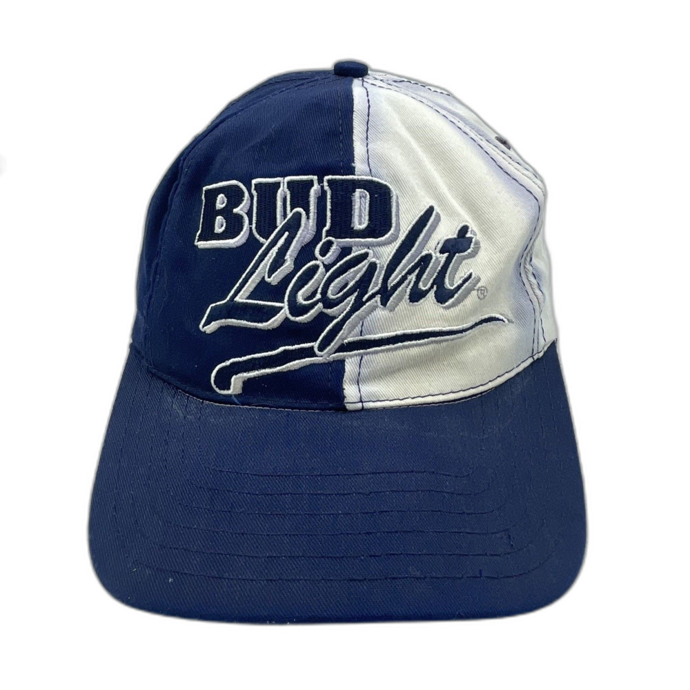 Vintage 1990's Bud Light Snapback Hat Cap Blue White Color Block Made in USA